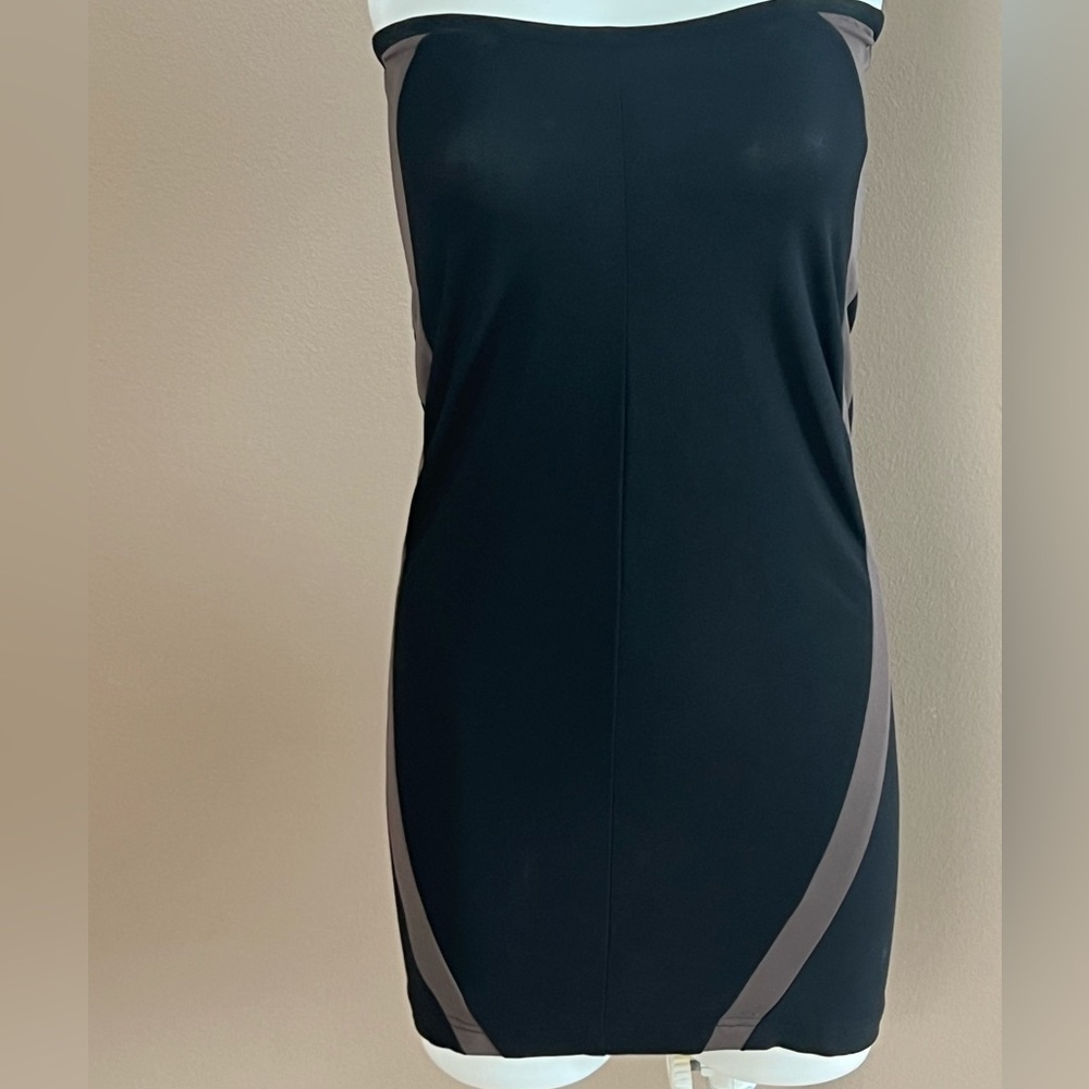 Women's Black Strapless Sheath Dress with Brawn Panels
